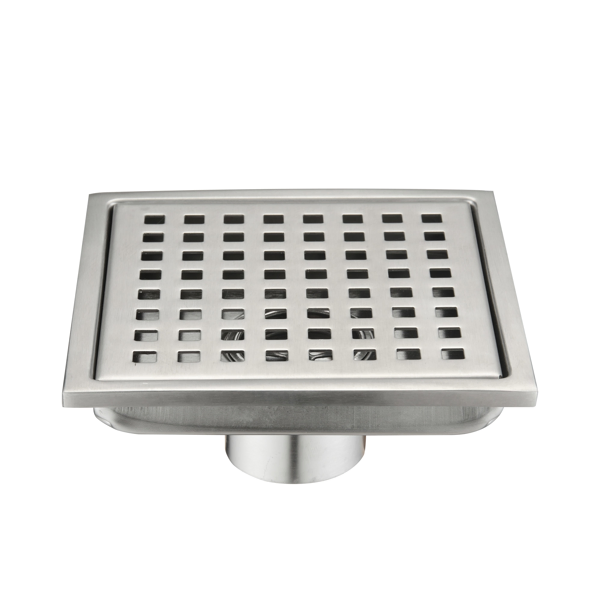 6 Inch Square Shower Drain With Removable Square Patterned Grate, 304 Stainless Steel With Flange And Hair Strainer, Brushed Nickel