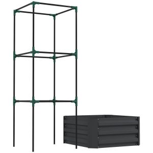 Galvanized Planter Box, 24" x 24" x 55" Raised Garden Bed with Tomato Cage for Climbing Vines, Dark Gray