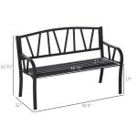 50" Outdoor Bench, Metal Garden Bench with V-Shaped Pattern Backrest, Porch Bench with Slatted Seat for Park, Yard, Lawn, Black