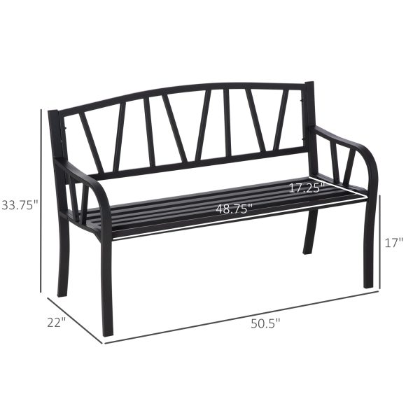 50" Outdoor Bench, Metal Garden Bench with V-Shaped Pattern Backrest, Porch Bench with Slatted Seat for Park, Yard, Lawn, Black