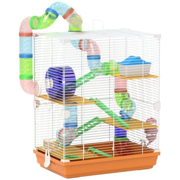 5 Tiers Hamster Cage Portable Animal Travel Carrier W Exercise Wheels Tube, Orange