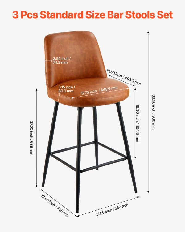 Bar Stool Set Of 3, 27 Inch Counter Height Swivel Stools, Modern PU Leather Counter Barstool With Backrest And Metal Legs, Armless Bar Chair, Island Barstool For Kitchen, Dining Room, Brown