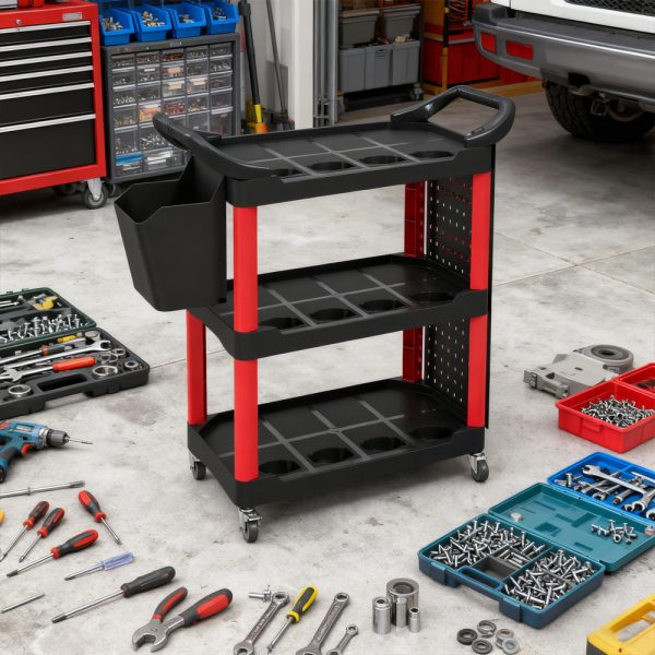 3-Tier Rolling Tool Cart, 200 LBS Capacity Plastic Utility Cart With Side Shelf And Storage Bucket, Tikt0k Sales Prohibited