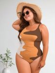 2026 New Women's Plus Size One-Piece Swimsuit: Earth Tone Abstract Color Block With Side Ruched