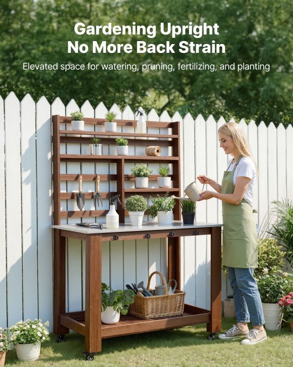 Potting Bench Table, Outdoor Gardening Workstation With 45 X 26 In Stainless Steel Tabletop, Storage Shelves, 4 Casters, Hooks, Garden Planting Work Station For Outside Patio, Backyard, Brown