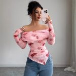 One-shoulder Slim Fit Slimming Ruffled Hem Irregular Versatile Printed Top