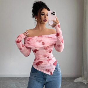 One-shoulder Slim Fit Slimming Ruffled Hem Irregular Versatile Printed Top