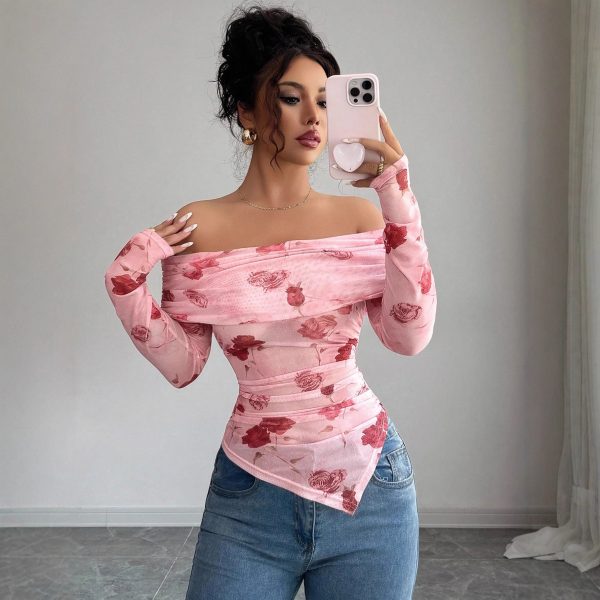 One-shoulder Slim Fit Slimming Ruffled Hem Irregular Versatile Printed Top