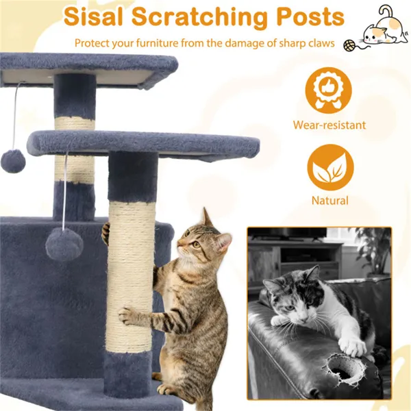 57" Multi-Level Cat Tree For Multi-Cat Households, 2 Condos & Hammock With Sisal Scratching Posts-Gray