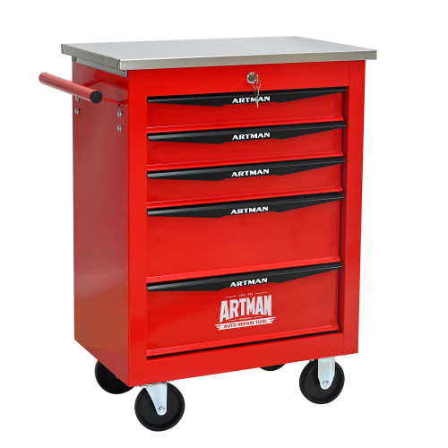 5 Drawers Multifunctional Tool Cart With Wheels,Metal Rolling Tool Cart Storage For Garage Workshop Warehouse Repair Shop--With Stainless Steel Roof--Red  Black