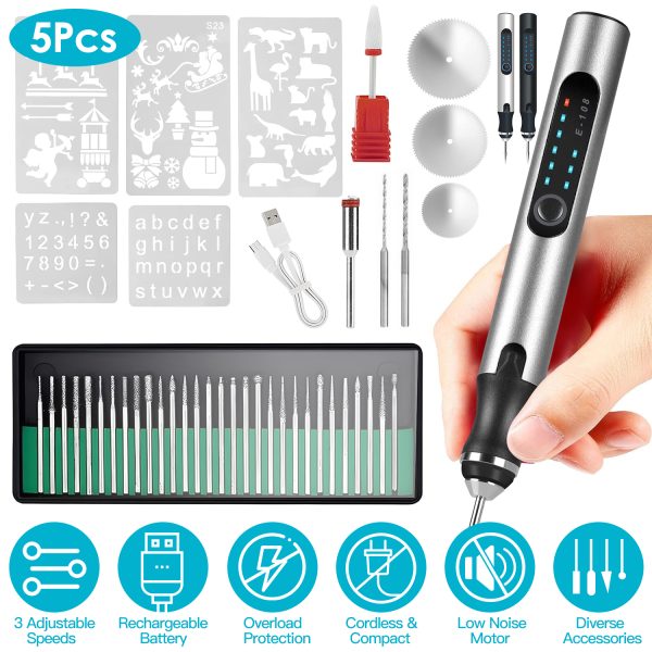1Set Electric Engraving Pen With 33Pcs Burr Bits 5Pcs Stencils 3 Gears Speed Rechargeable Cordless Professional Engraver Etching Machine For Jewelry Glass Stone Metal Wood